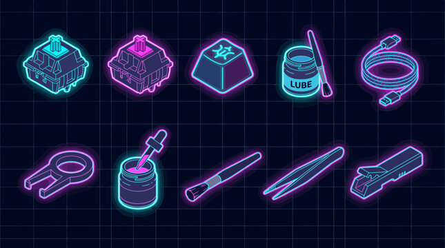 A neonstyle collection of mechanical keyboard customization tools and components set against a dark grid background