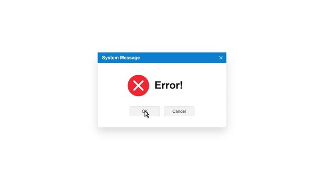 A computer user's mouse cursor hovers over the 'OK' button on a critical error message dialog box, signaling a significant system malfunction on a white background.