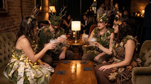 People in elaborate fantasy woodland faun costumes at a themed social event.