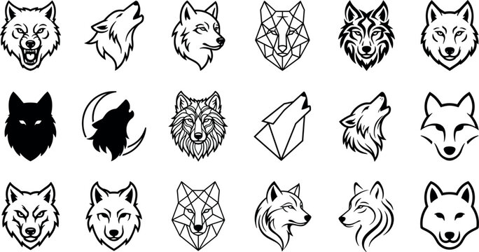 Wolf head icon set with howling coyote and geometric wolf outline elements for esports mascot branding and wildlife logo design