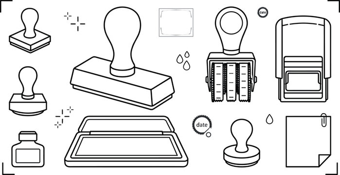 Rubber stamp icon set with wooden handle stamper and ink pad outline elements for office official document certification design