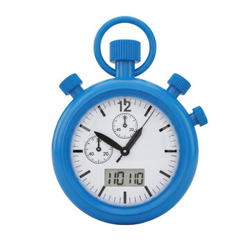 Blue stopwatch icon with running figure