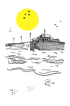 A view of Broadstairs Pier Viking Bay hand drawn illustration