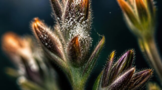 Macro photography of hairy plant buds with white powdery mildew infection