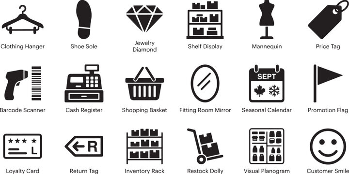 Black retail business and fashion store management icons set with labels ideal for commercial inventory and POS systems.