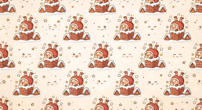 Cute Santa stuck in chimney seamless pattern. Funny Christmas vector background with kawaii Santa Claus, snowy roofs, stars, and cute smiling faces for holiday wrapping paper, textile, and wallpaper.
