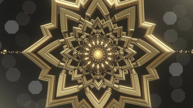 Golden ornamental snowflake mandala with glowing lights rotating over dark bokeh background