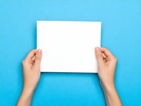 Young female hands showing empty white paper sheet on blue background. Mockup