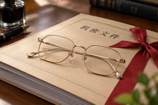 Gold-rimmed eyeglasses resting on a dossier tied with a red ribbon.