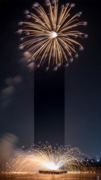 Fireworks exploding with sparks and light trails at night