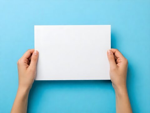 Young female hands showing empty white paper sheet on blue background. Mockup
