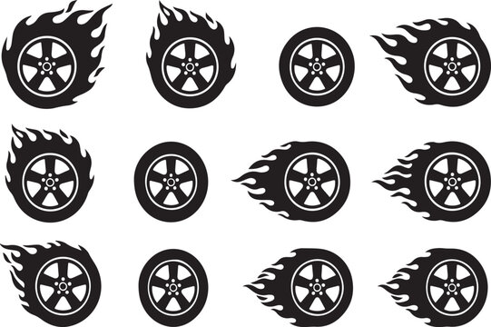 Set of black automotive wheels with and without fiery flames moving fast at high speed on transparent background.