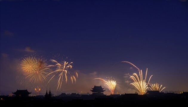 Fireworks exploding over traditional asian city skyline at night