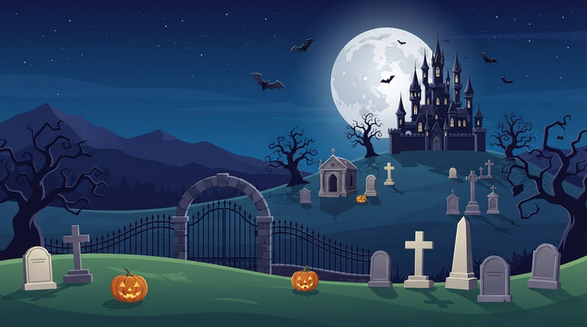 Spooky pixel art graveyard under a full moon at night