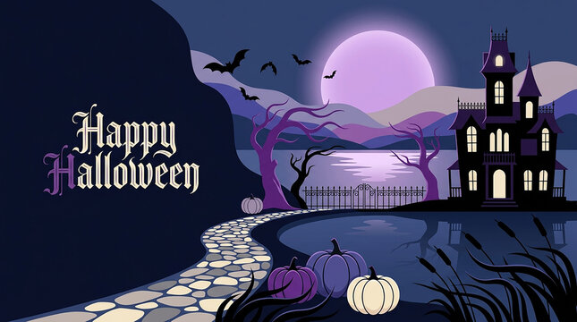 Happy halloween illustration with haunted house and pumpkins on a moonlit path