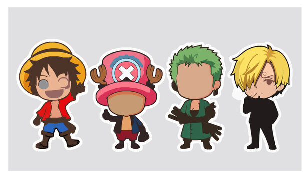 Chibi style illustrations of luffy chopper zoro and sanji from the one piece anime series