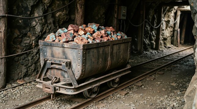 Ore cart filled with copper mineral rock inside an underground mine. Metal mine car on steel tracks in a dark tunnel