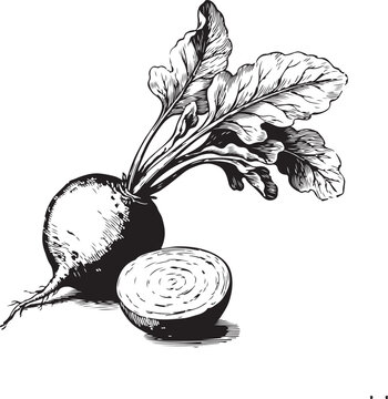 Classic hand drawn beet root sketch with leaves and sliced cross section in vintage engraving style on dark background.