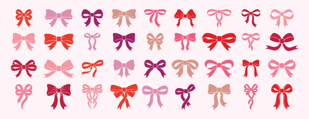 Obraz premium Delicate blush and rose red bows, elegant wedding collection with lace accents, satin sheen, soft romantic palette, wedding stationery and bridal packaging inspiration for stylists and designers