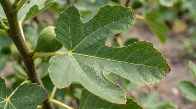 Green fig leaf growing on a fig tree branch
