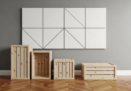 Wooden storage crates and modern geometric wall art in a minimalist room interior