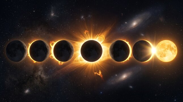 A stunning composite image illustrating the various phases of a total solar eclipse, from partial to full totality, against a cosmic backdrop of stars and galaxies.
