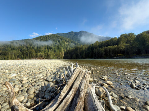 Light morning fog fading away during sunrise on the Skagit River in summer season fishing hike trip with dead tree in forefront
