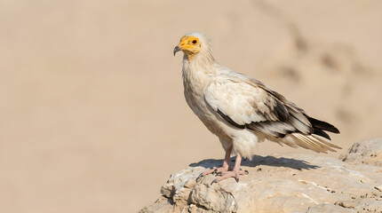 Fototapeta premium Egyptian vulture standing on limestone rock in bright sunlight isolated on white background.