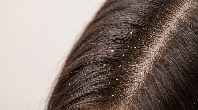 Close up of dark hair with visible scalp flakes