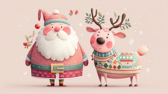 Cute Santa Claus and reindeer in festive attire.