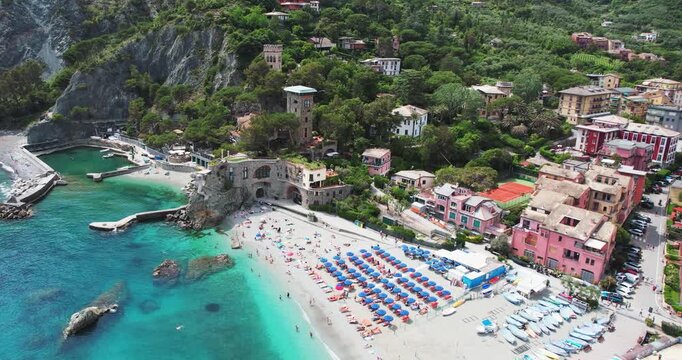 Panoramic aerial view of Monterosso al Mare beach in Cinque Terre, Italy
