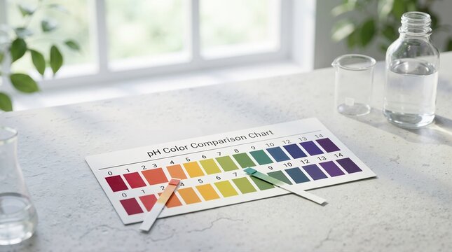 pH strips and color comparison chart on a laboratory table. Testing water acidity and alkalinity with indicator paper. Scientific testing and chemical analysis concept