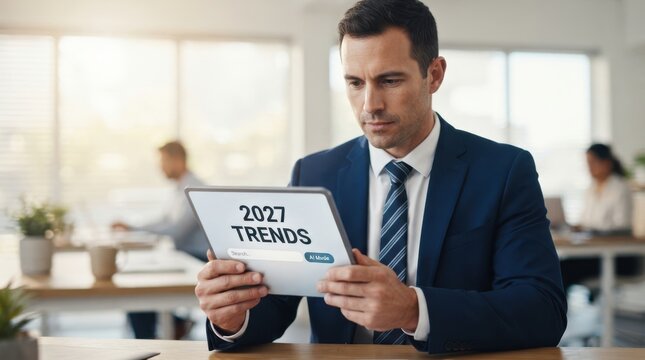 Professional businessman holding tablet displaying 2027 trends search interface in modern bright corporate office setting