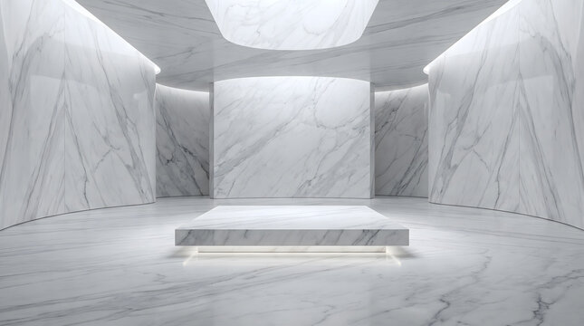 Empty white marble rectangular plinth stage with hidden cove lighting in luxury modern showroom