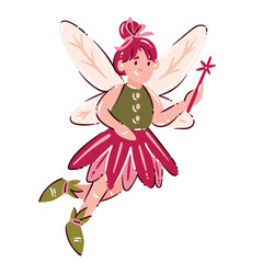 Fototapeta premium Fairy with flower skirt, wings, wand and leaf shoes in playful hand drawn style. Nursery, kids and storybook decor featuring a fairy, cartoon vector illustration.