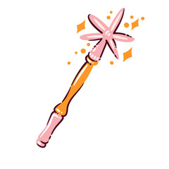 Fototapeta premium Magic wand with pink star tip, orange handle and sparkling accents in hand drawn style. Fairy, party and kids decor featuring a magic wand, cartoon vector illustration.