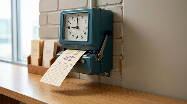 Vintage punch card time clock stamping time on a paper card in an office. Mechanical attendance recorder with clock face and lever on a wooden desk