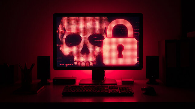 Cybersecurity Threat: A computer monitor displays a skull icon and a padlock, illuminated by an ominous red glow, symbolizing digital danger and data breach.