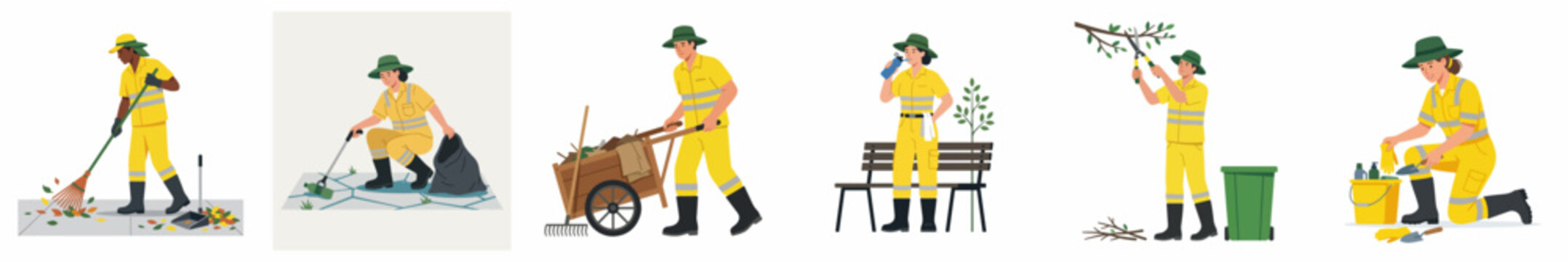 Set of sanitation worker illustrations performing various tasks including sweeping, trash collection, pruning, and maintenance in yellow safety uniform.