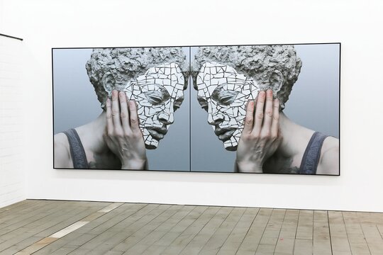 Surreal Mirrored Face Diptych in Contemporary Art Gallery