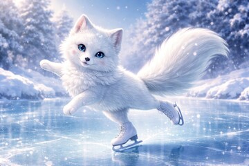 Fototapeta premium Adorable fox ice skating gracefully.