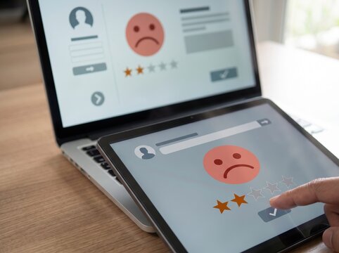 User submitting a low rating review with a sad face icon on a tablet and laptop screen, representing poor customer service, dissatisfaction, bad feedback, and negative online evaluation.