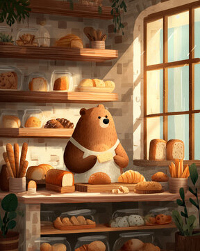 Cute Bear Baking Fresh Bread in a Cozy Bakery