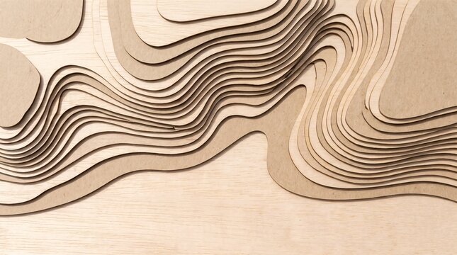 Architectural site model topography background with balsa wood paper layers, flat lay 90 degree top down laser cut landscape relief with soft shadows for urban planning masterplan presentation