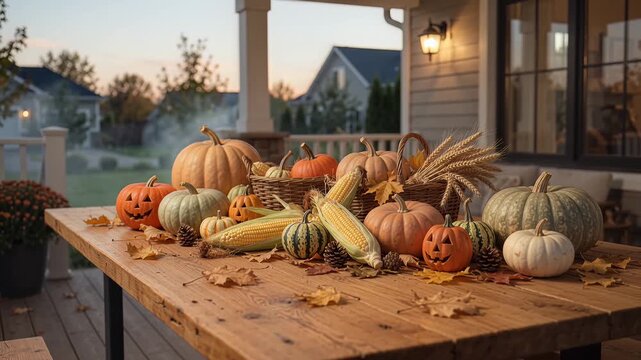 Autumn Harvest and Halloween Jack-o-Lanterns on a Rustic Porch Table at Sunset in 4K