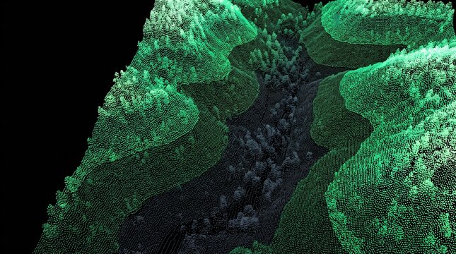 LiDAR point cloud elevation contour map green forest canopy background, high altitude orthographic digital forestry survey data matrix for satellite remote sensing and carbon credit project