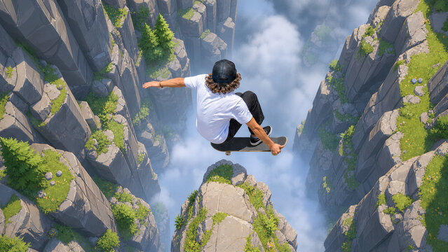 Skateboarder performing risky airborne trick on cliff edge above deep canyon with dramatic lighting