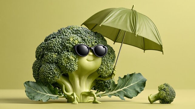 Cute round broccoli floret wearing black sunglasses holding green umbrella on bright yellow background