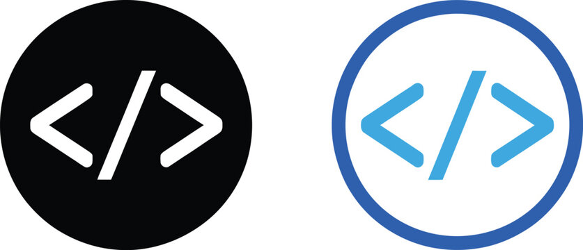 Code Brackets Icon Set, programming and coding symbols in outline and solid styles, developer tools, software technology, vector illustrations isolated.