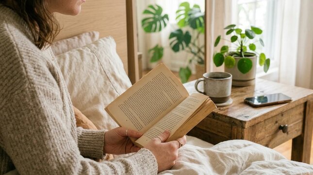 Young woman reading paper book in sunlit bedroom, digital detox morning